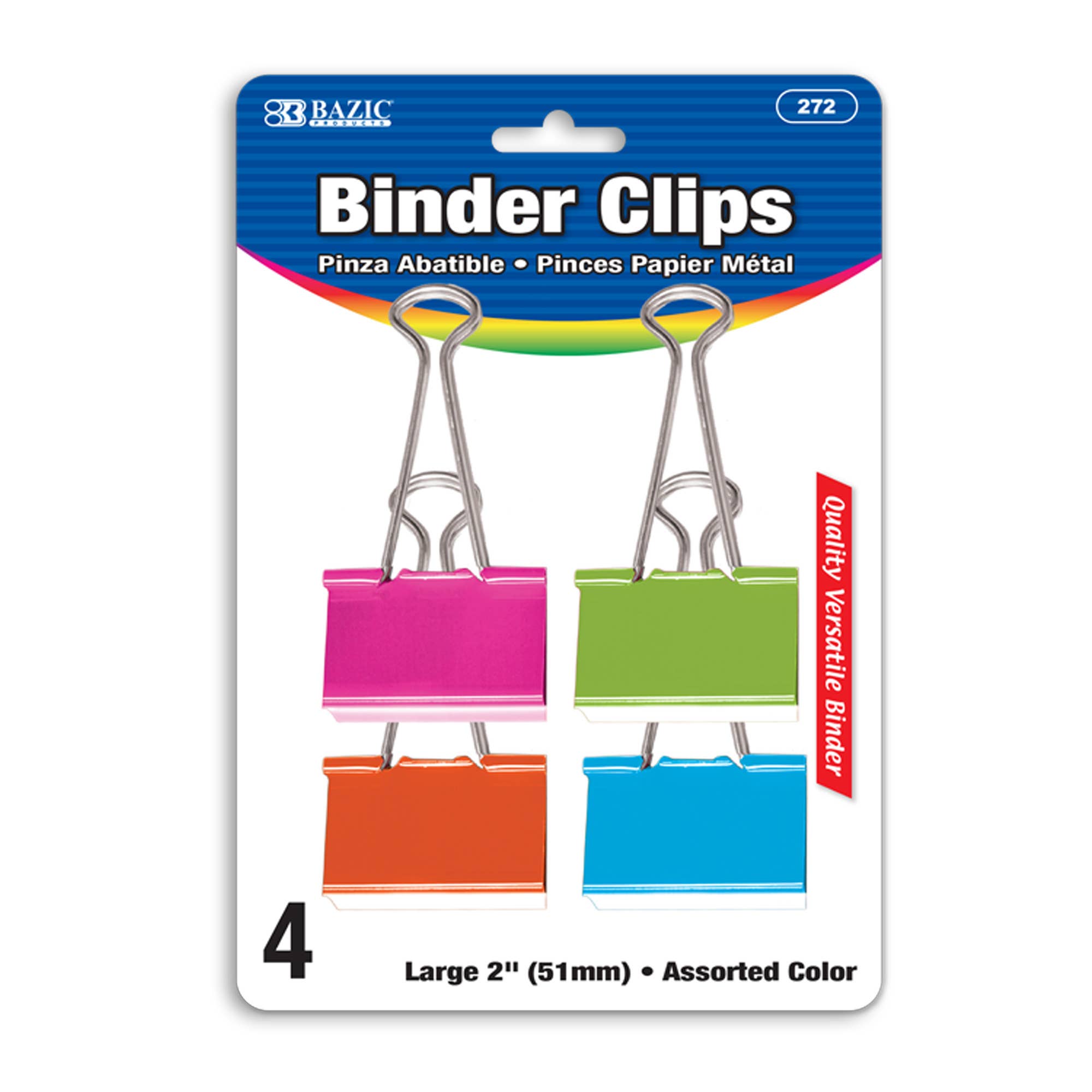 Large 2" (51mm) Assorted Color Binder Clip (4/Pack)