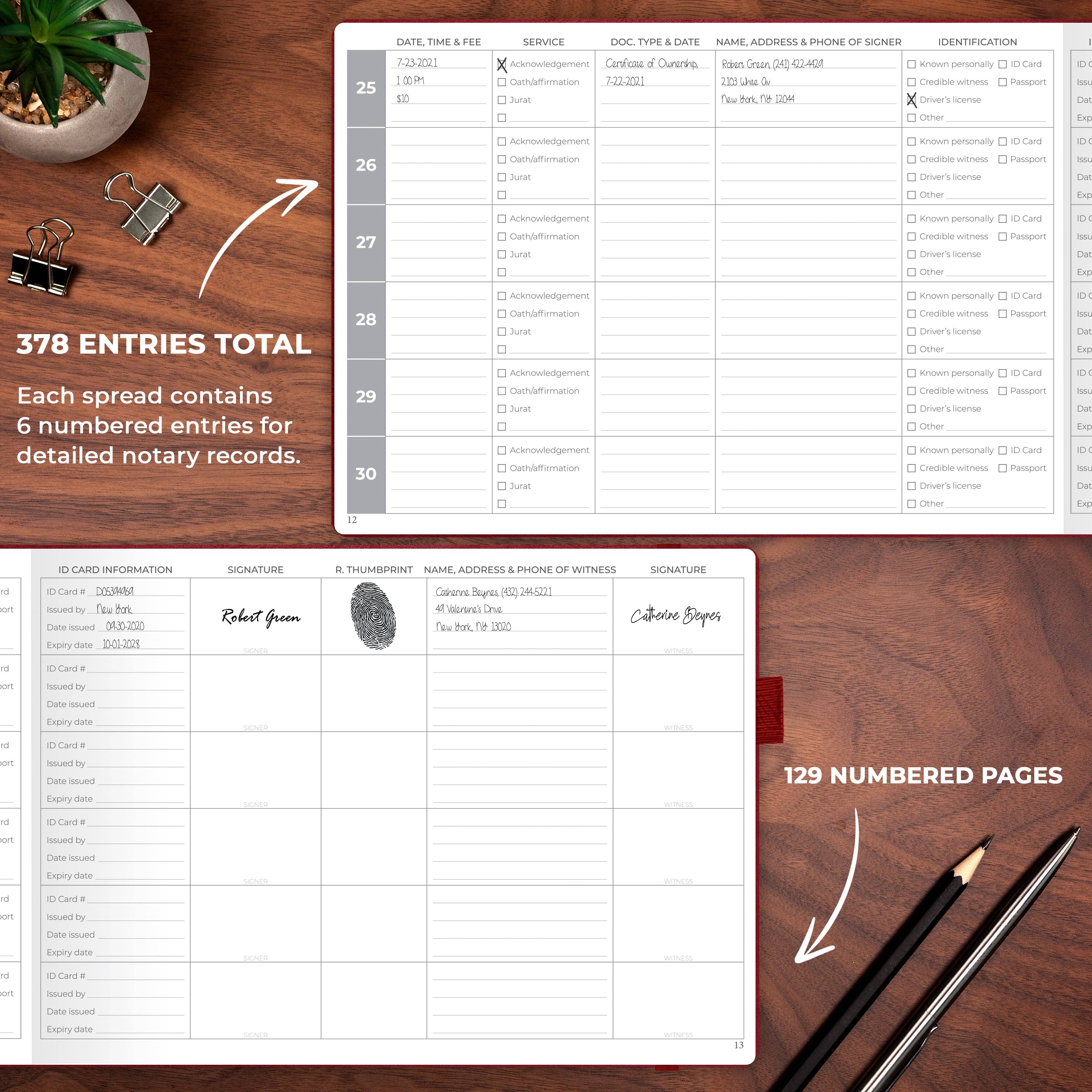 A notary record spreadsheet template shown on a wooden desk background, with text indicating 378 total entries and 129 numbered pages. The template includes fields for date, time, service, docket type, address and phone of witness, and signatures, with sample filled entries and arrows pointing to the page counts.