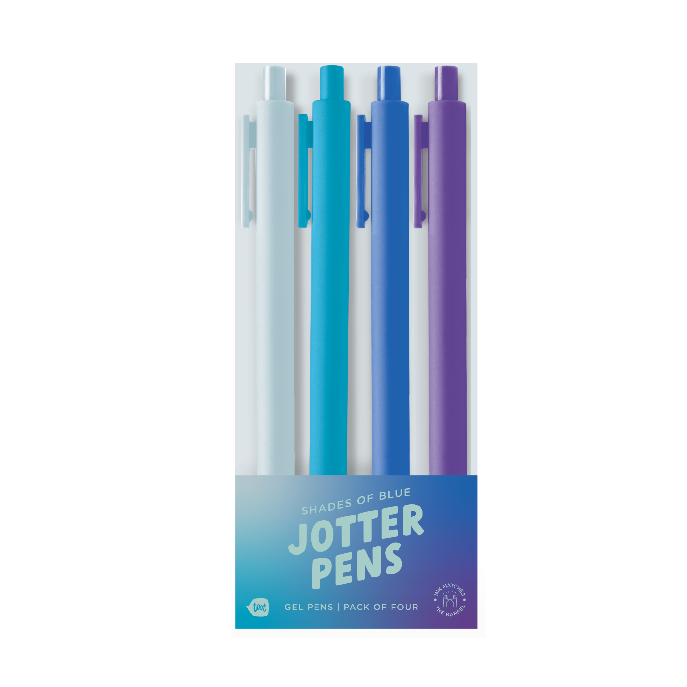 Pack of four jotter pens in blue, green, and purple with packaging on a white background.