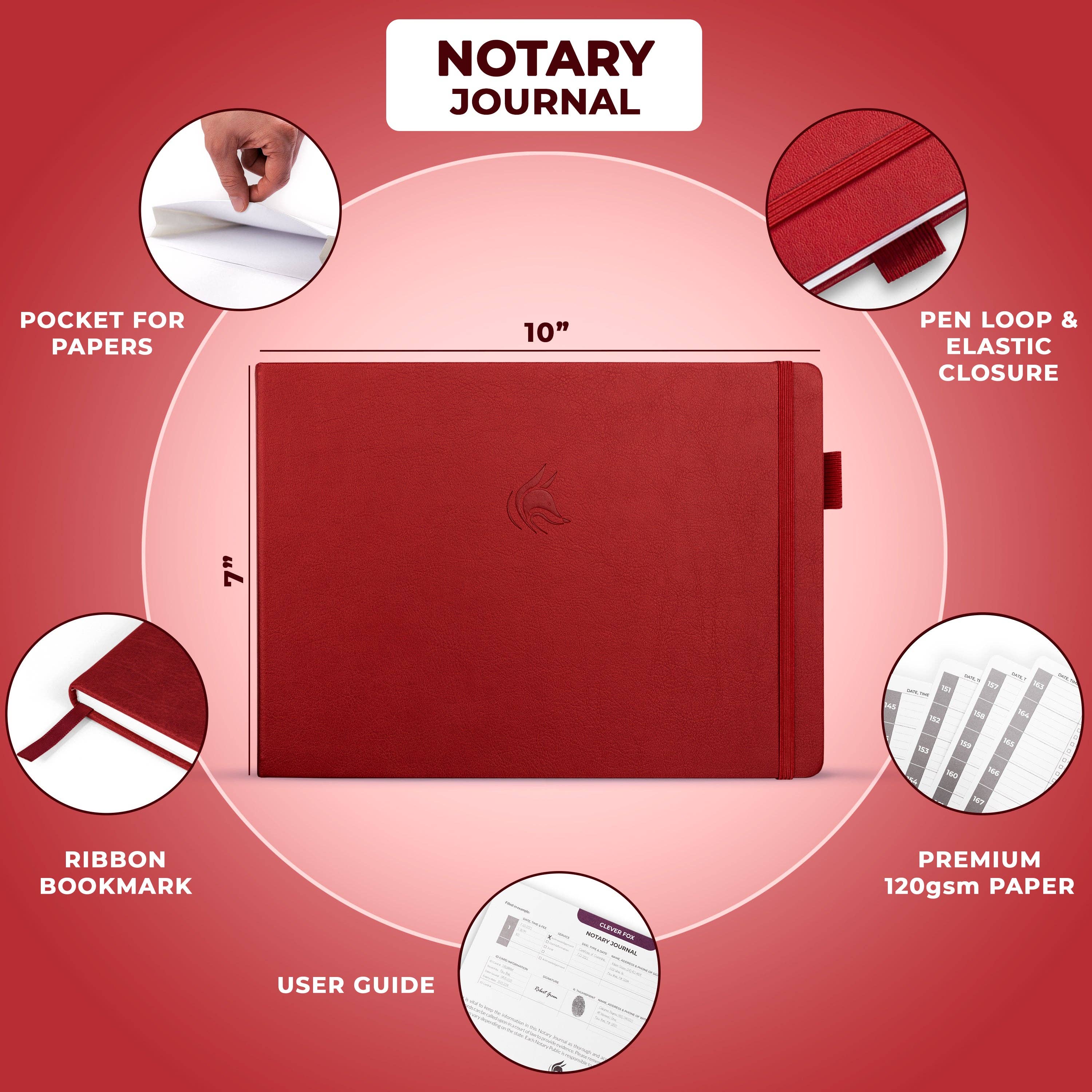 A red notary journal shown on a pink gradient background with feature callout circles and text reading 'NOTARY JOURNAL,' 'POCKET FOR PAPERS,' 'PEN LOOP & ELASTIC CLOSURE,' 'RIBBON BOOKMARK,' 'PREMIUM 120gSM PAPER,' and 'USER GUIDE.' The journal itself is centered and dominates the frame.