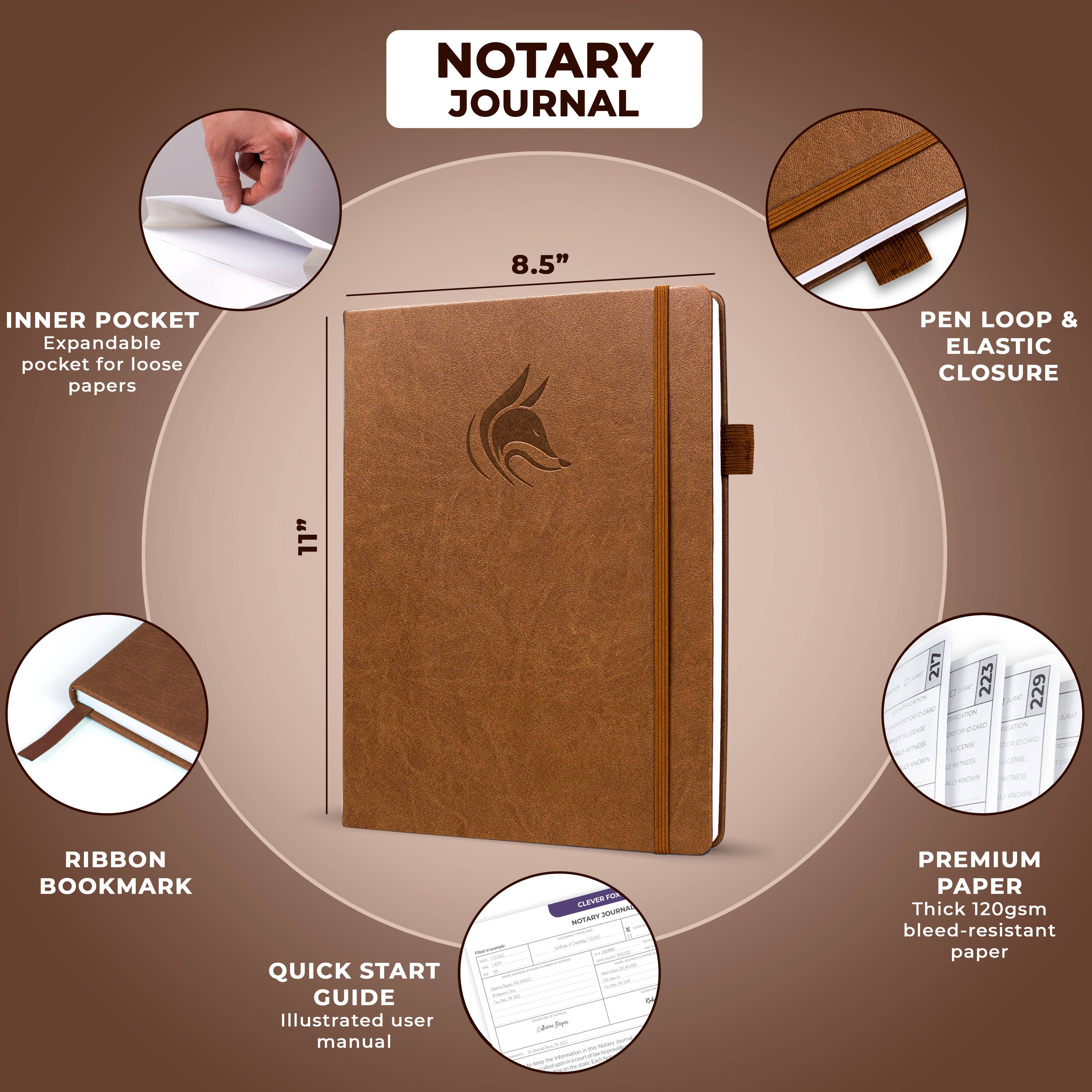 A brown leather-look notary journal shown on a beige graphic background with feature callouts and dimension labels. The journal has an embossed horse logo on the front, a pen loop and elastic closure, ribbon bookmark, inner pocket, and a quick start guide.