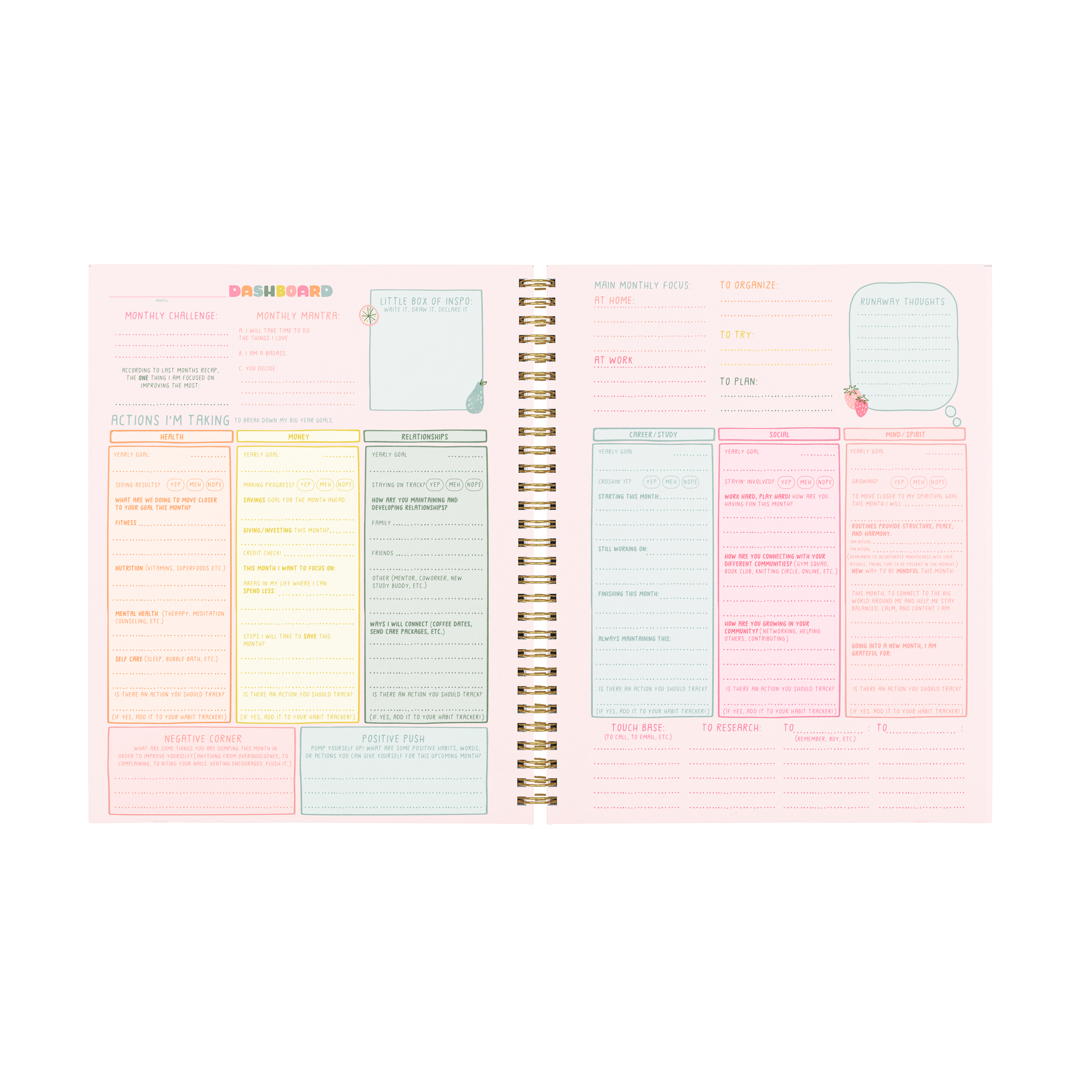 Open spiral-bound planner with colorful daily schedule on white background