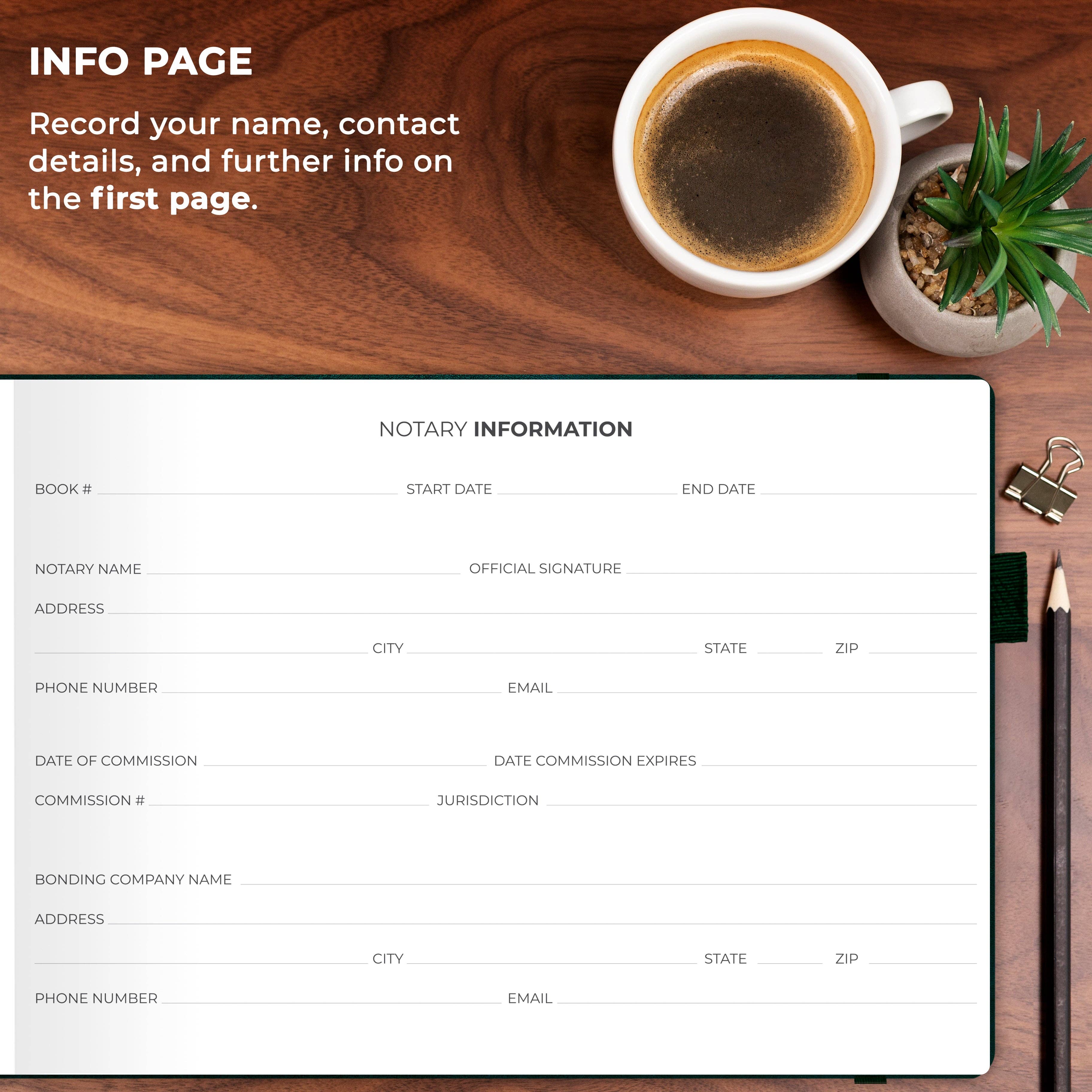 A flat-lay view of a notary information template page on a dark wood desk, surrounded by a cup of coffee, a small potted succulent, a pencil, and binder clips.