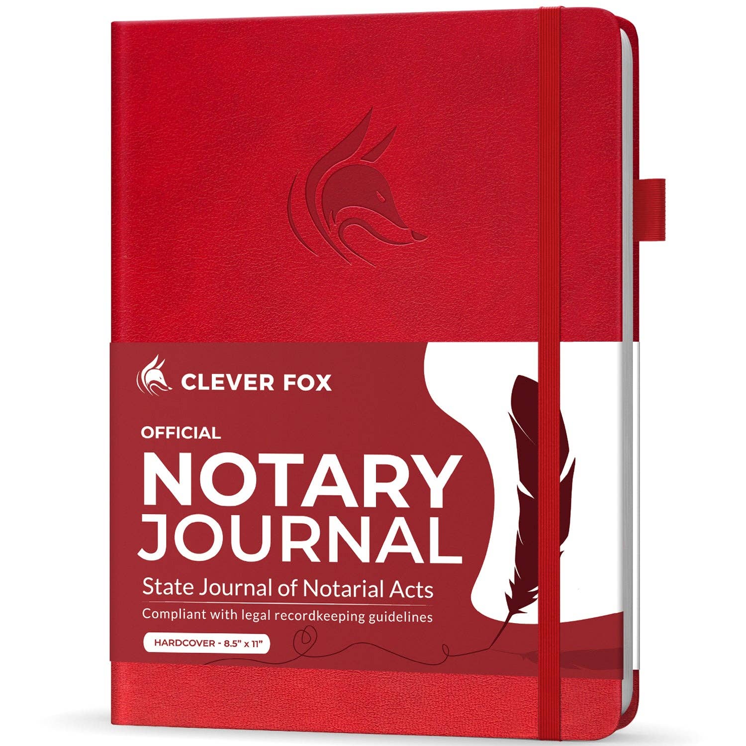 A red hardcover notary journal with an elastic closure band, featuring a white paper band around the lower middle with the text 'CLEVER FOX OFFICIAL NOTARY JOURNAL' and a black fox head logo.