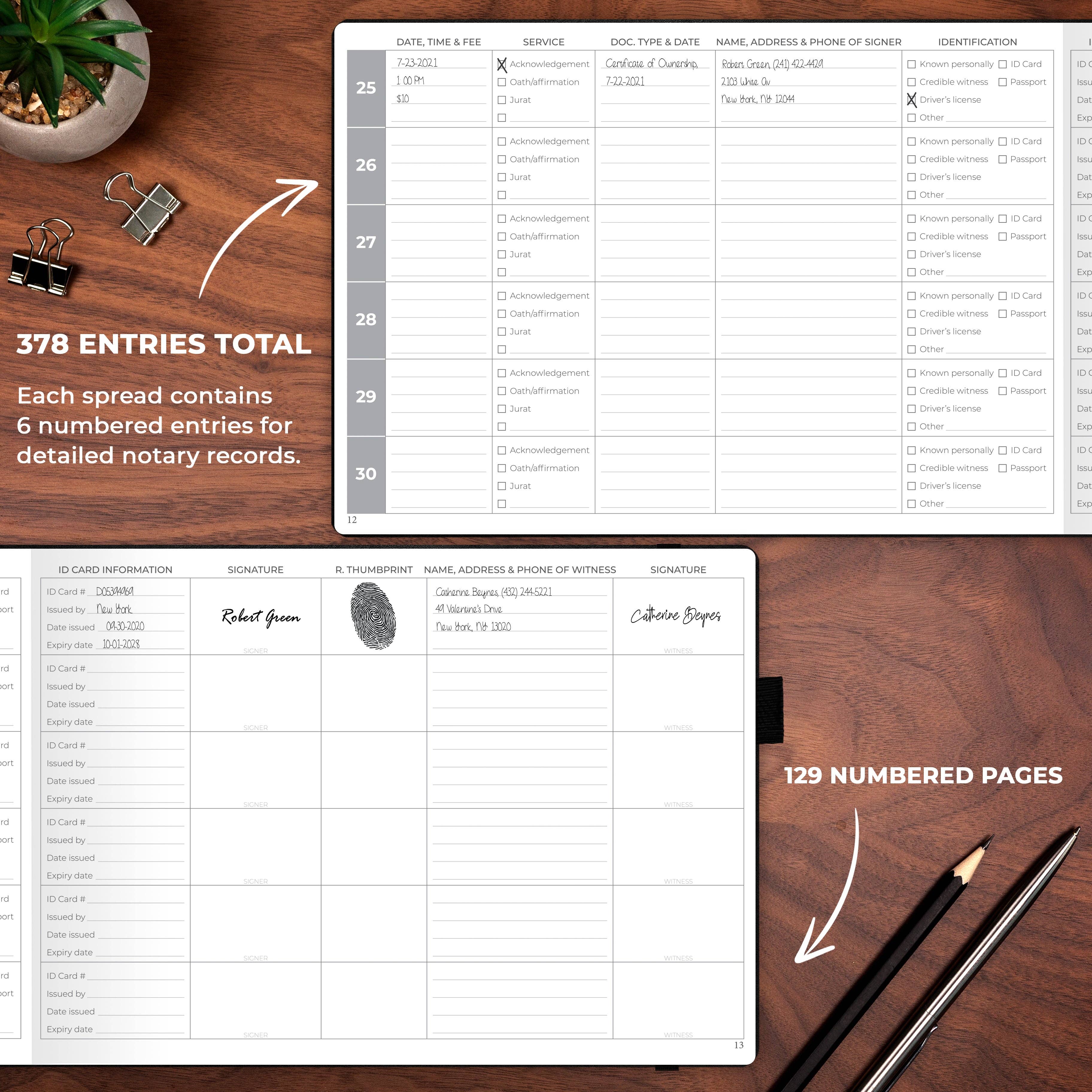 A notary record tracking spreadsheet template shown on a wooden desk background, with text indicating 378 total entries and 129 numbered pages. The template includes fields for date, time, service, type, amount, address and phone of witness, identification, and signatures, along with sample printed notary stamps and a fingerprint placeholder.