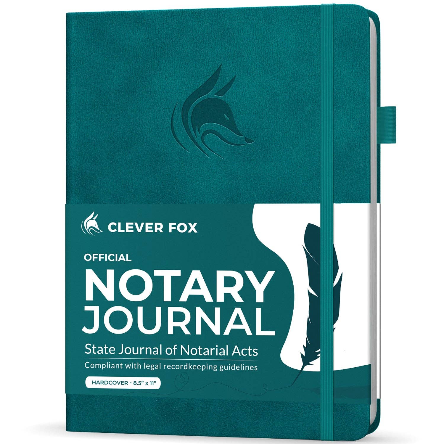 A hardcover notary journal by Clever Fox in a deep teal color, featuring an embossed fox logo and a white paper band around the middle with the text 'OFFICIAL NOTARY JOURNAL'.