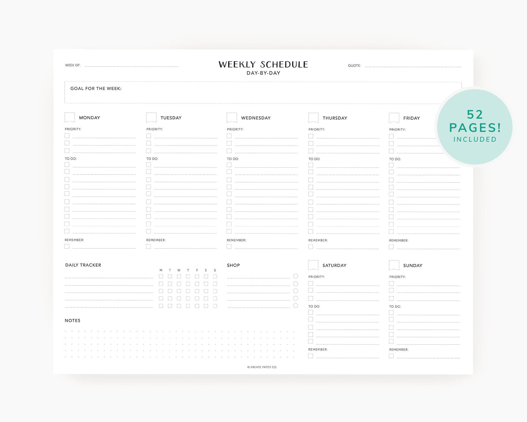 Weekly schedule planner with days of the week and space for notes on a white background.