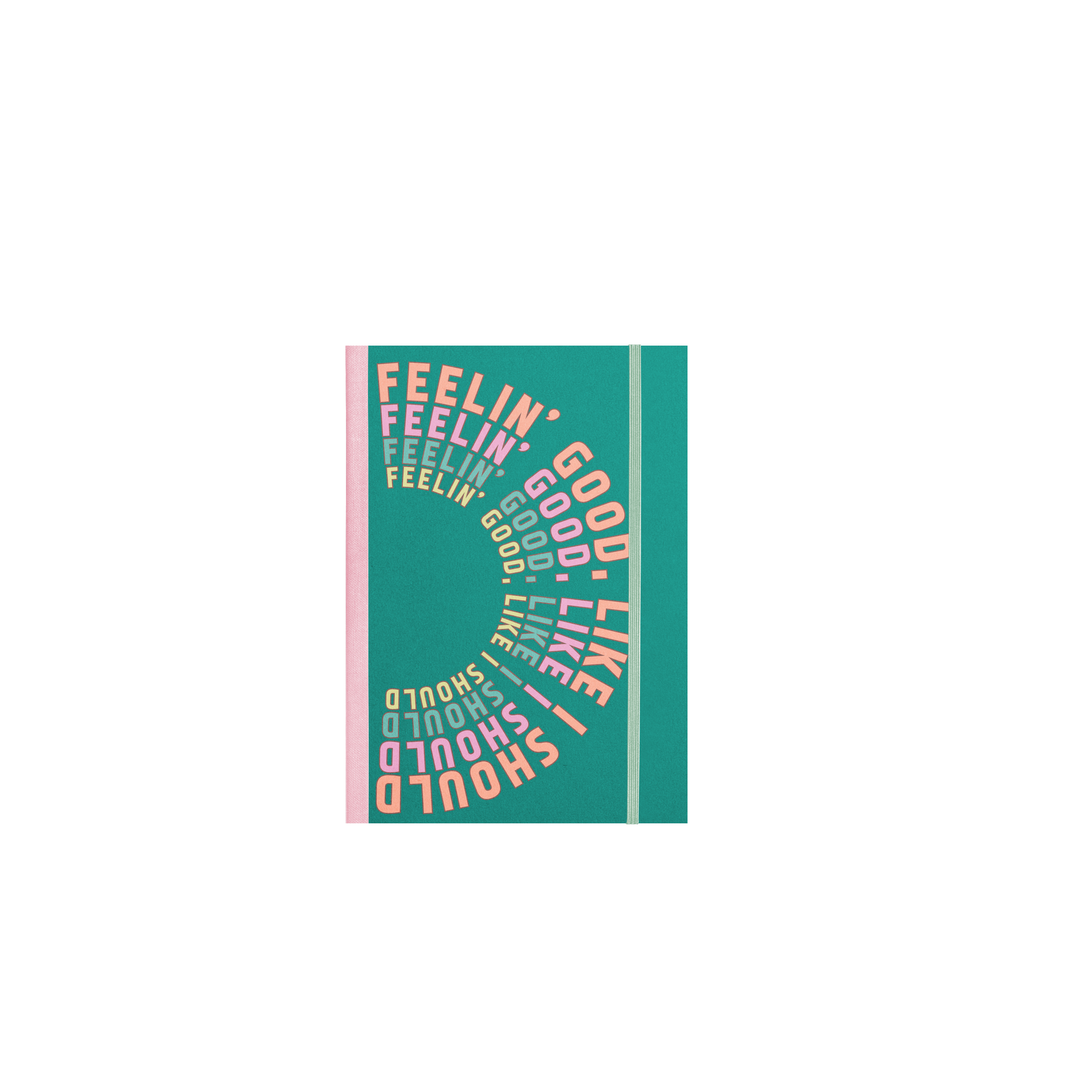 Teal notebook with colorful text design on a white background