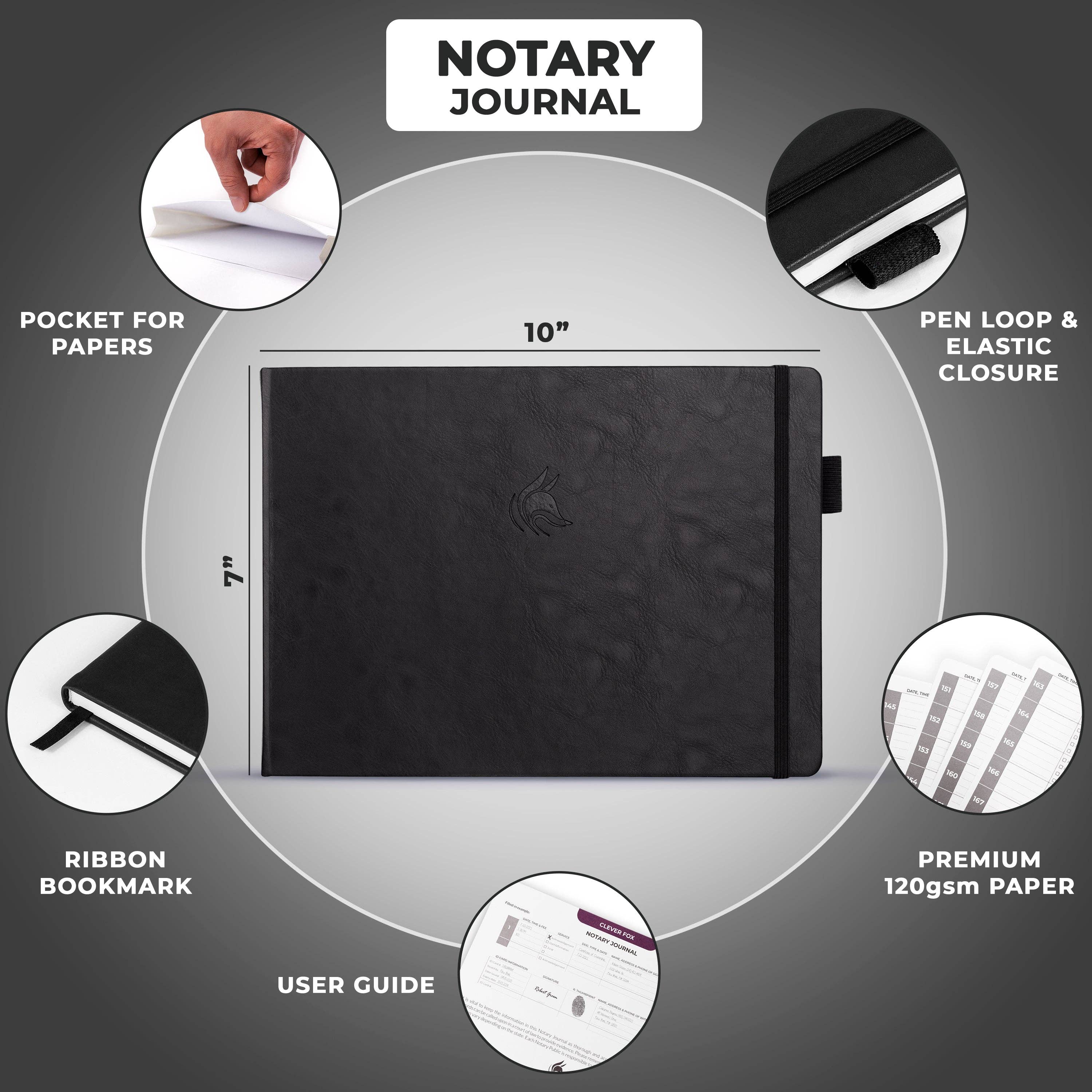 A black textured notary journal shown in a circular infographic with feature callouts including pocket for papers, pen loop and elastic closure, ribbon bookmark, premium 120gsm paper, user guide, and a 10 x 7 inch size. The image has a dark gray gradient background.