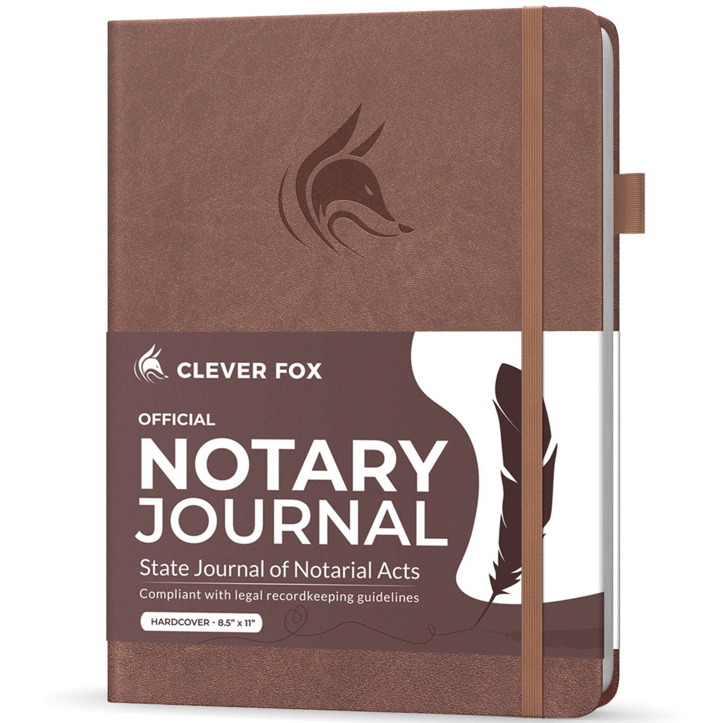 A brown hardcover notary journal with an elastic closure band, featuring a debossed fox head logo and a white paper band around the middle with the text 'CLEVER FOX OFFICIAL NOTARY JOURNAL'.