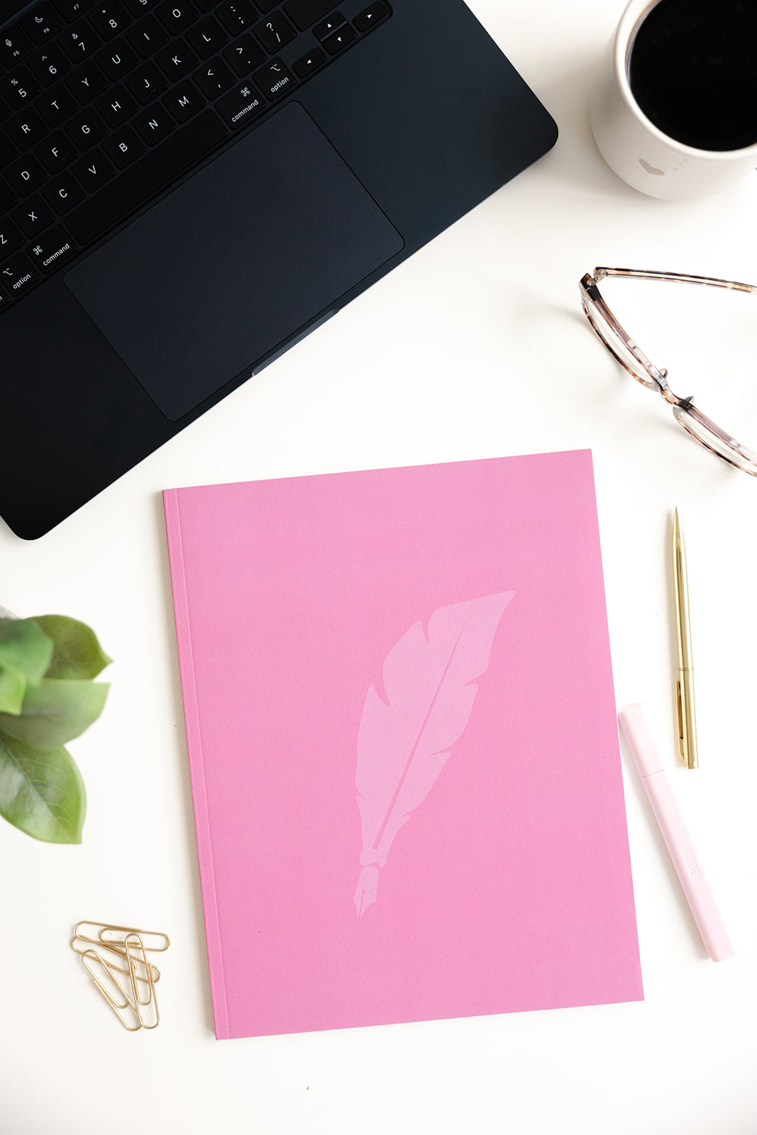 Pink notebook with feather design on a white surface with laptop, pen, and glasses.